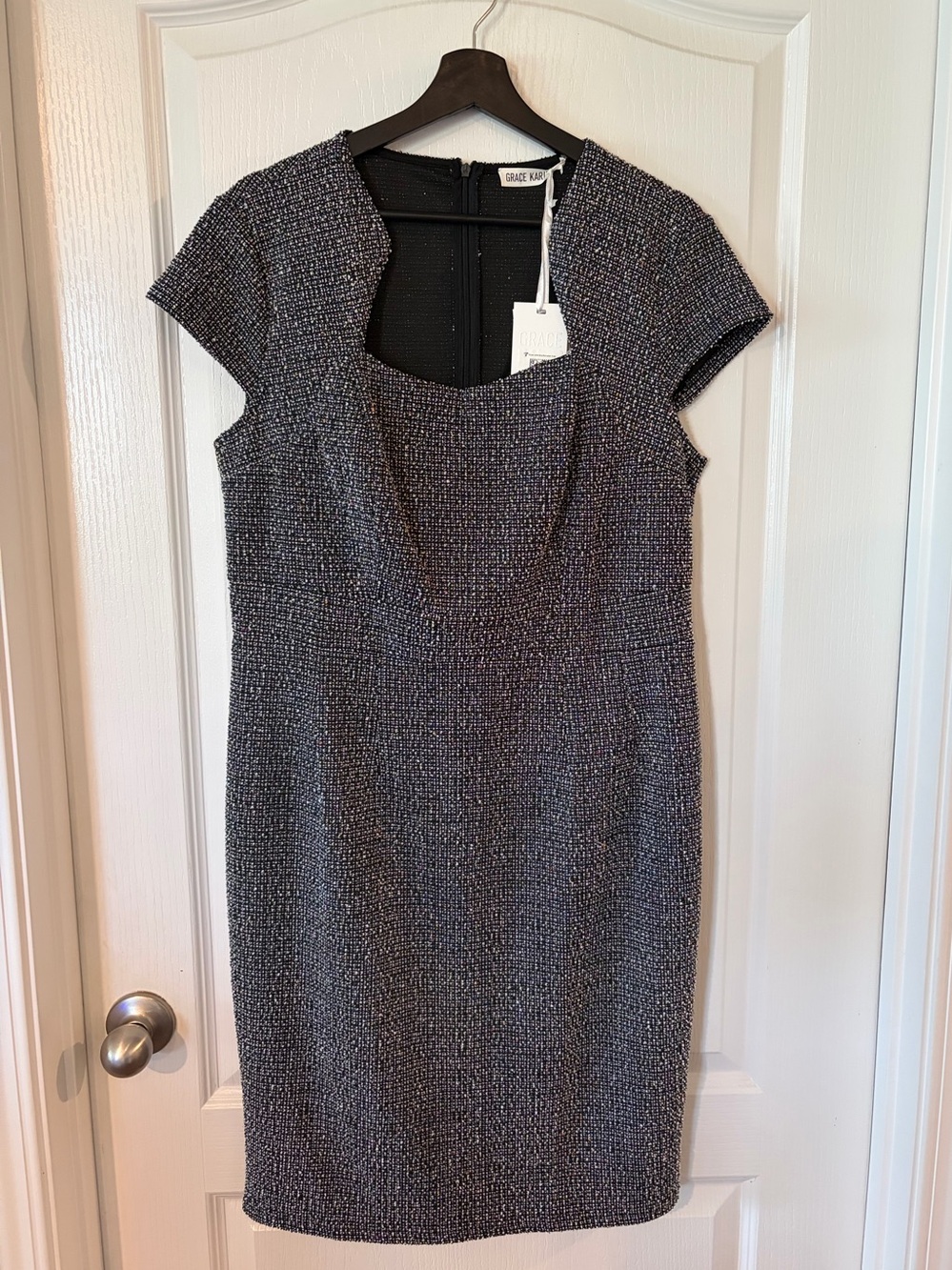 Grace Karin Navy Tweed Textured Cap-Sleeve Sheath Dress